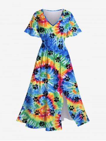Plus Size Spiral Watercolor Tie Dye Cat Paw Print Split A Line Beach Dress - MULTI-A - 6X