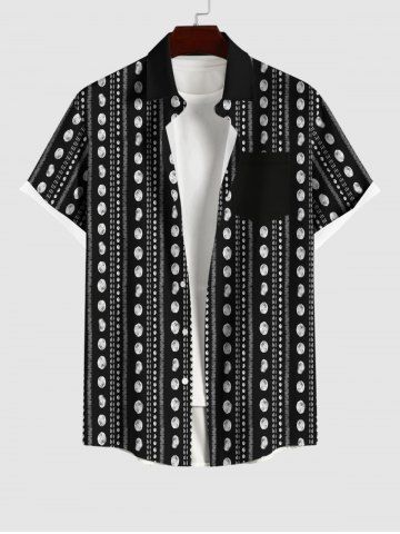 Plus Size Turn-down Collar Moon Striped Print Buttons Pocket Beach Shirt For Men - BLACK - M