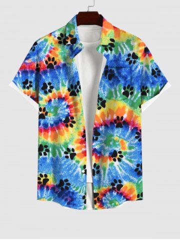 Plus Size Turn-down Collar Spiral Watercolor Tie Dye Cat Paw Print Buttons Pocket Beach Shirt For Men - MULTI-A - S