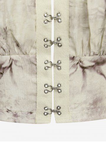 Gothic Flare Sleeves Ink Painting Floral Leaf Printed Ruched Distressed Hook and Eye Cropped Blouse