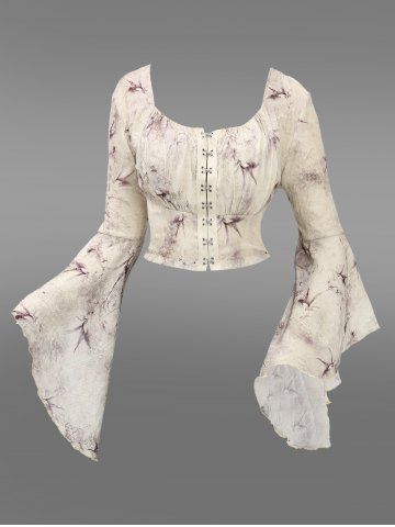 Gothic Flare Sleeves Ink Painting Floral Leaf Printed Ruched Distressed Hook and Eye Cropped Blouse - BEIGE - S | US 8