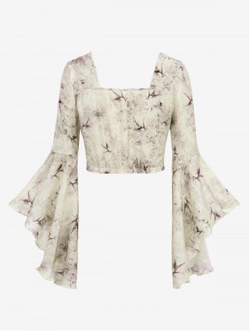 Gothic Flare Sleeves Ink Painting Floral Leaf Printed Ruched Distressed Hook and Eye Cropped Blouse