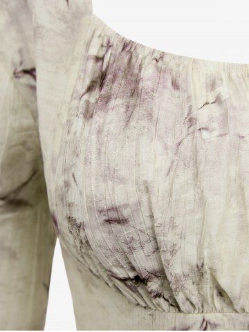 Gothic Flare Sleeves Ink Painting Floral Leaf Printed Ruched Distressed Hook and Eye Cropped Blouse