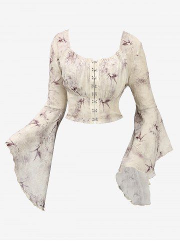 Gothic Flare Sleeves Ink Painting Floral Leaf Printed Ruched Distressed Hook and Eye Cropped Blouse