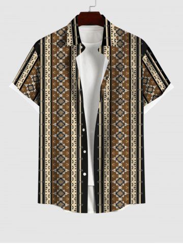 Men's Turn-down Collar Striped Floral Print Button Pocket Shirt - COFFEE - M