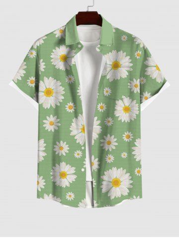 Hawaii Plus Size Daisy Flower Print Buttons Pocket Shirt For Men - LIGHT GREEN - 2XL