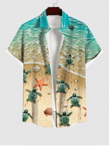 Hawaii Plus Size Sea Creatures Beach Starfish Turtle Shell Print Buttons Pocket Shirt For Men - MULTI-A - S