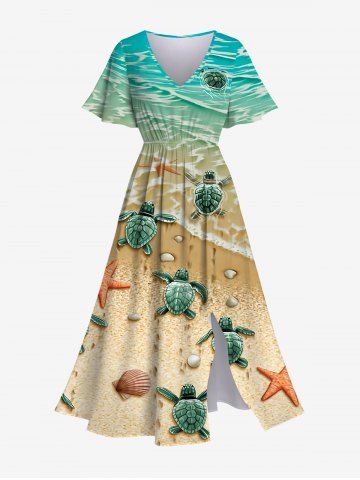 Hawaii Plus Size Sea Creatures Beach Turtle Shell Starfish Print Split Dress - MULTI-A - XS
