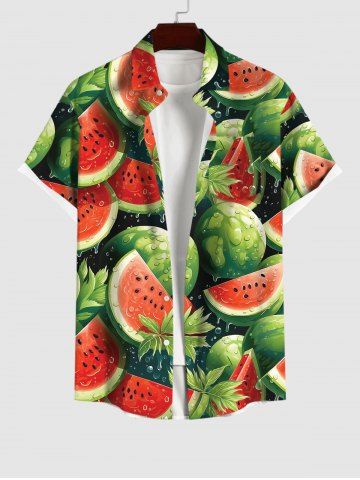 Plus Size Watermelon Leaf  Print Buttons Pocket Shirt For Men