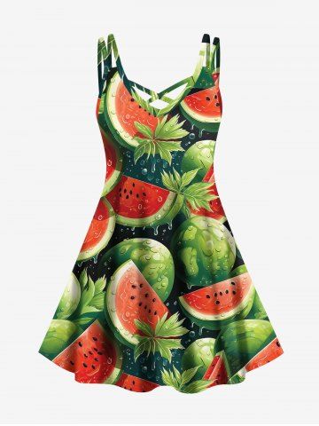 Plus Size Watermelon Leaf Print Crisscross Strapy Cami Dress