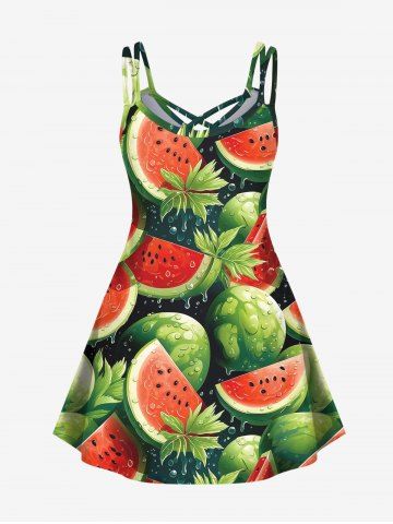 Hawaii Plus Size Watermelon Leaf Print Crisscross Strapy Cami Dress