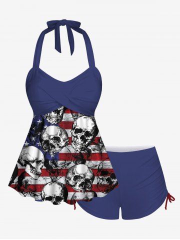 Fashion Skull Patriotic American Flag Twist Halter Backless Boyleg Cinched Tankini Swimsuit - BLUE - XS