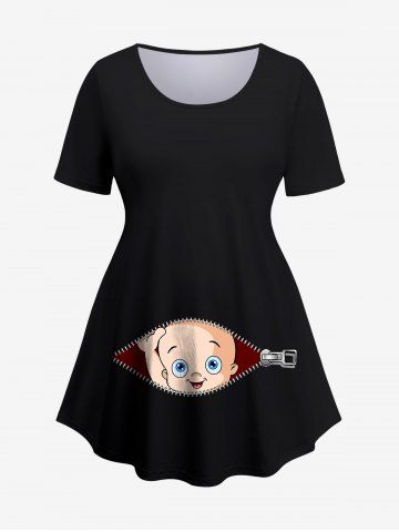 Plus Size Zipper Split Baby 3D Print Maternity T-shirt - BLACK - XS