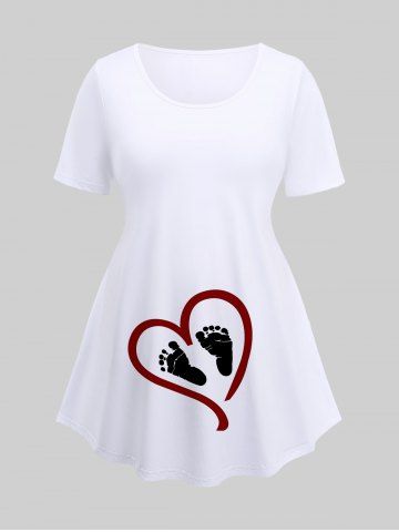 Plus Size Baby Footprint Heart Print Maternity T-shirt - WHITE - S