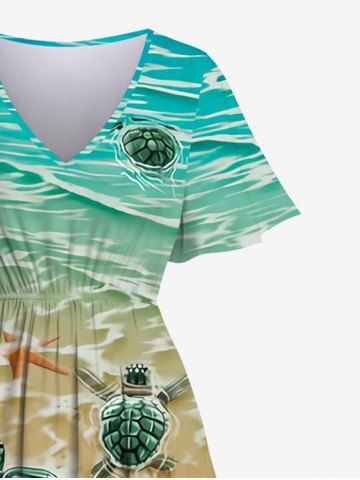 Hawaii Plus Size Sea Creatures Beach Turtle Shell Starfish Print Split Dress
