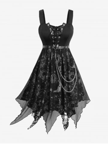 Gothic Plus Size Tie Dye Sun Star Moon Print Grommets Lace Up Sheer Mesh Layered Asymmetrical Tank Dress With Belt and Chain - BLACK - M | US 10