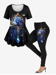 Rose Flower Chains Diamond Tassel Glitter 3D Printed T-shirt and Leggings Plus Size Matching Set -  