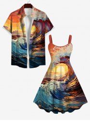 Plus Size Vacation Style Sea Waves Sunset Printed Buttons Pocket Shirt and Dress for Couples -  
