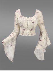 Gothic Flare Sleeves Ink Painting Floral Leaf Printed Ruched Distressed Hook and Eye Cropped Blouse -  
