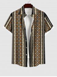 Hawaii Men's Turn-down Collar Striped Floral Print Button Pocket Shirt - café XL