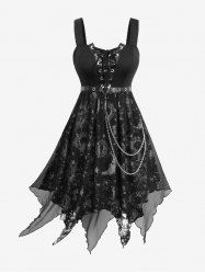 Gothic Plus Size Tie Dye Sun Star Moon Print Grommets Lace Up Sheer Mesh Layered Asymmetrical Tank Dress With Belt and Chain -  