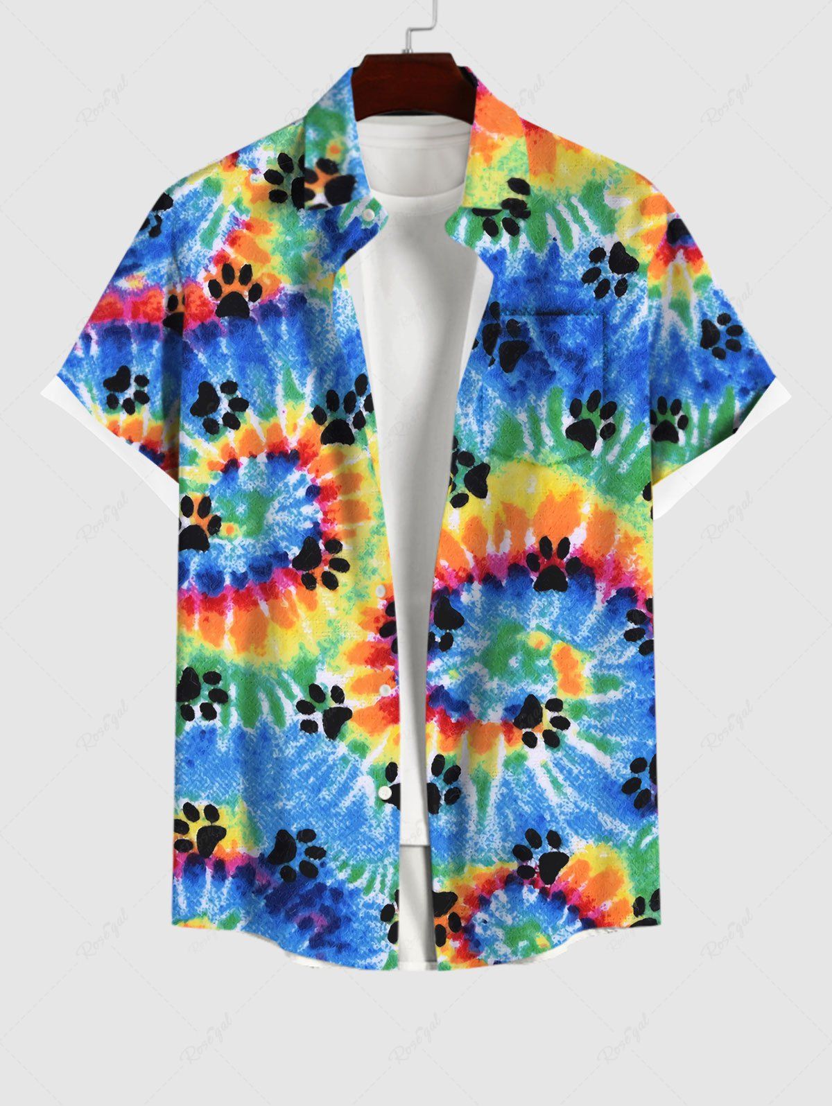Sale Hawaii Plus Size Turn-down Collar Spiral Watercolor Tie Dye Cat Paw Print Buttons Pocket Beach Shirt For Men  
