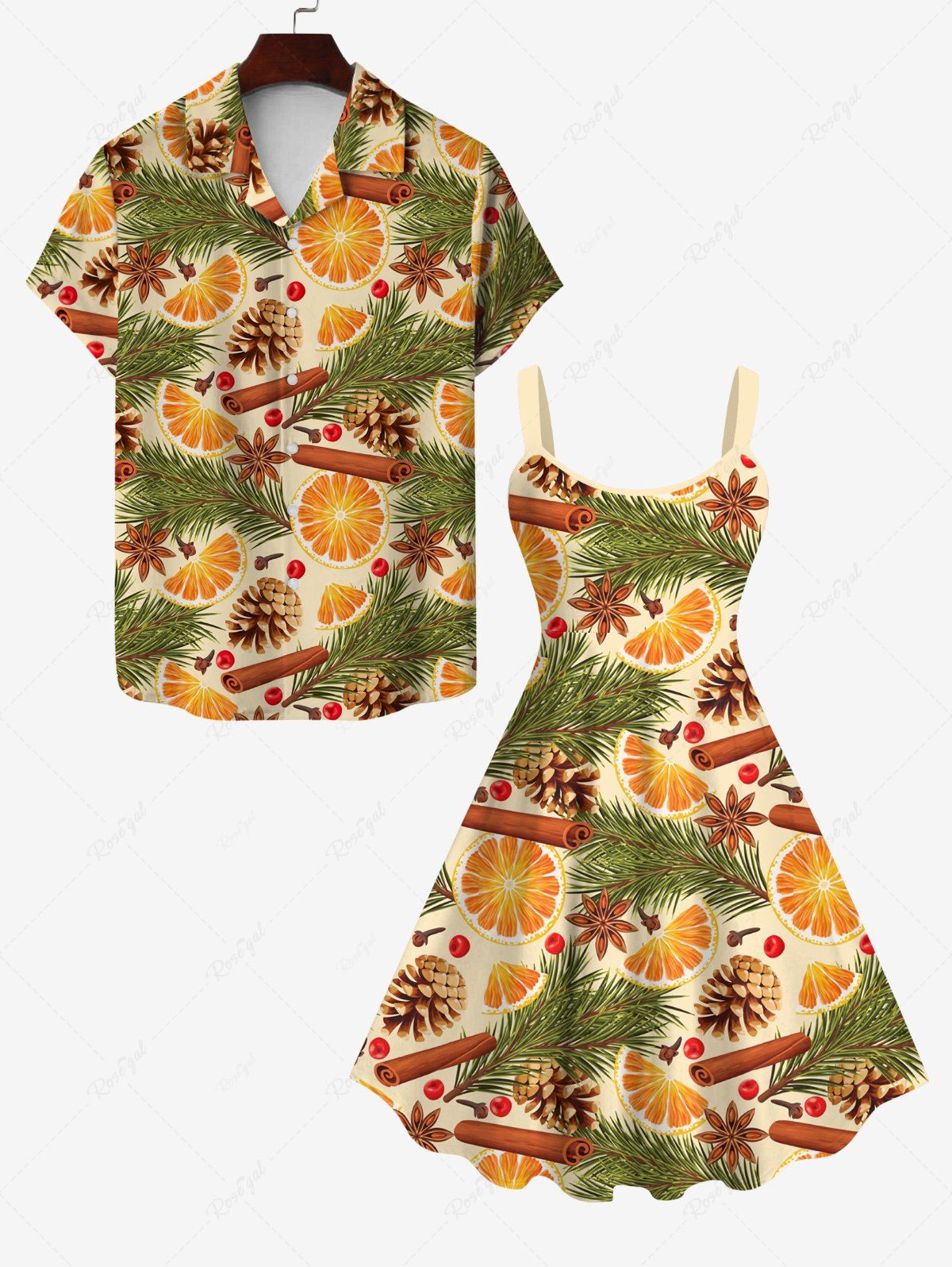 Unique Orange Pine Nuts Needles Fruit Cinnamon Anise Print Plus Size Hawaii Beach Outfit for Couples  