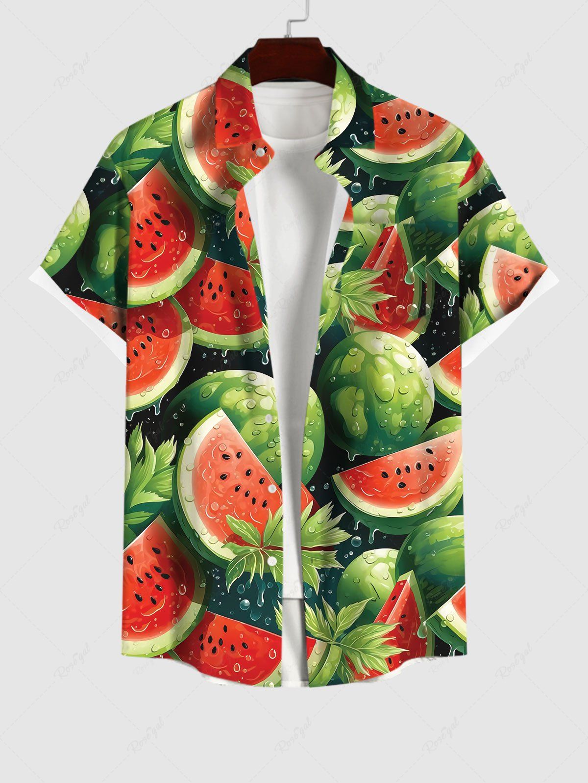 Sale Hawaii Plus Size Watermelon Leaf  Print Buttons Pocket Shirt For Men  