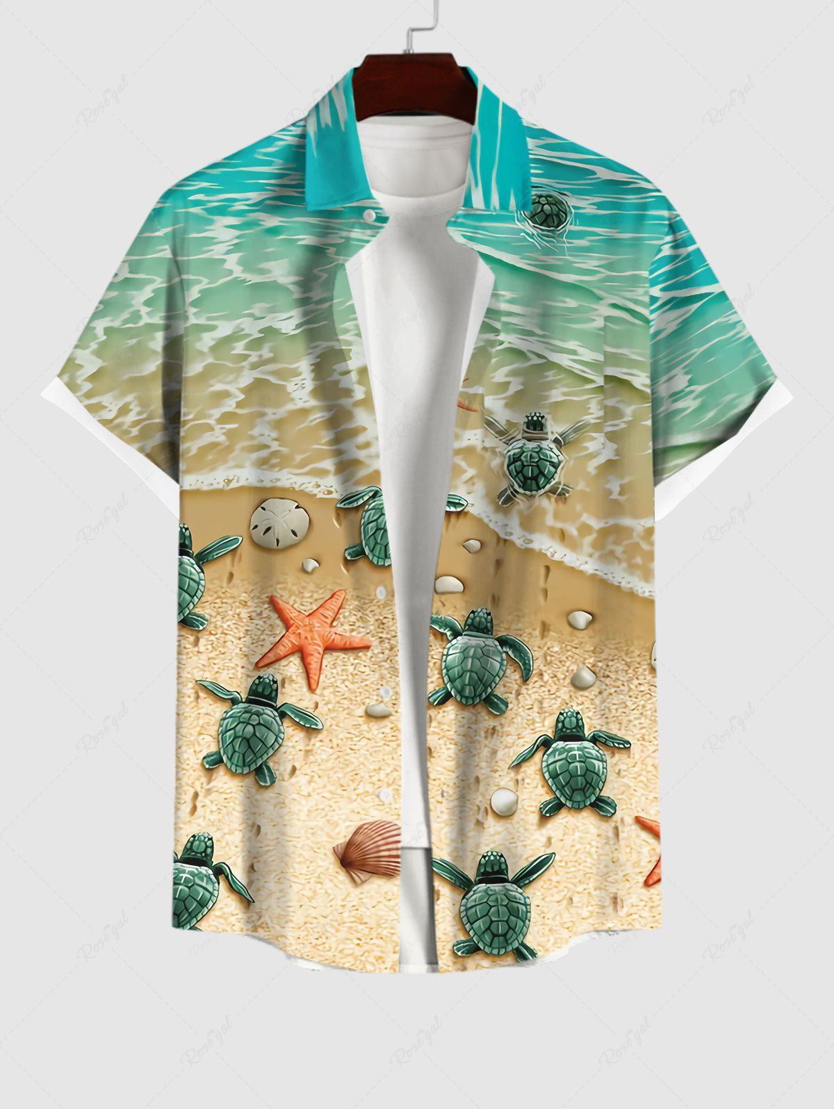 Fashion Hawaii Plus Size Sea Creatures Beach Starfish Turtle Shell Print Buttons Pocket Shirt For Men  