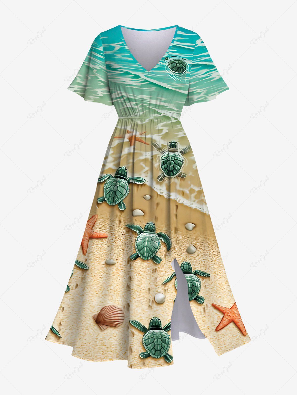 Affordable Hawaii Plus Size Sea Creatures Beach Turtle Shell Starfish Print Split Dress  
