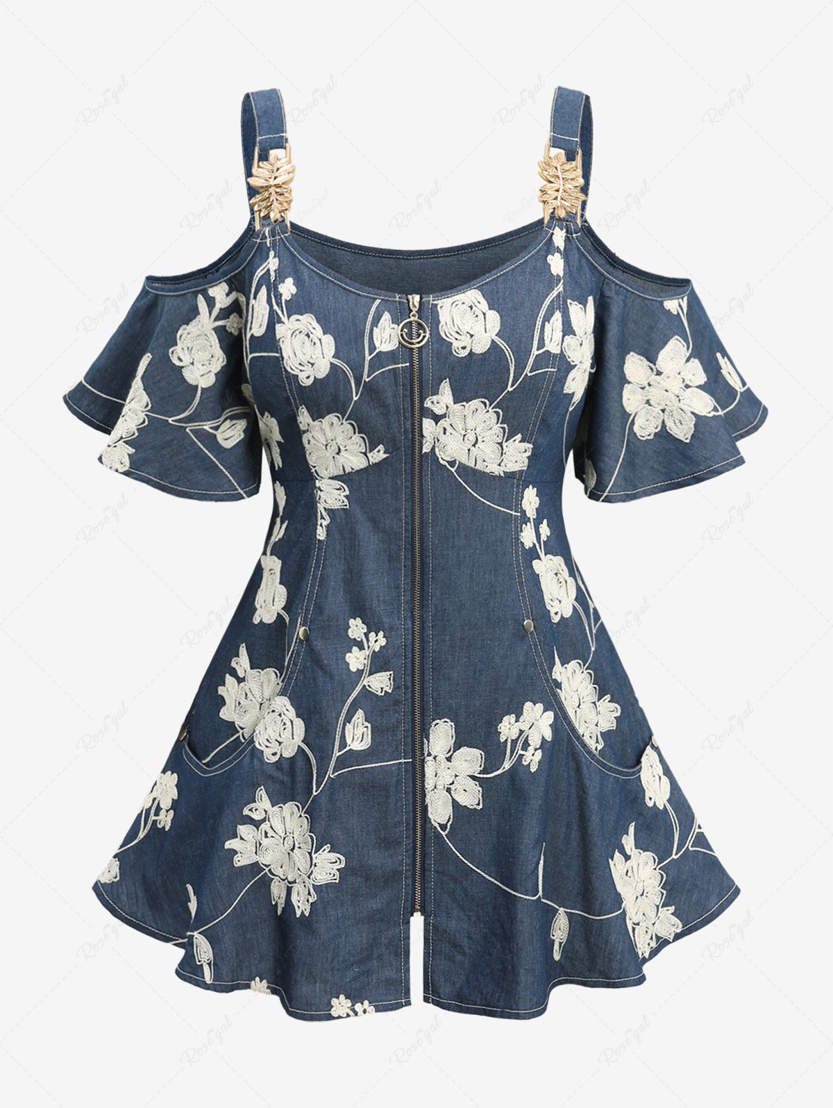 Latest Plus Size Jacquard Embroidery Flowers Rivet Zip Up Leaf Buckle Cold Shoulder T-shirt  
