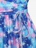 Galaxy Tie Dye Star Printed Hollow Out Cinched Lace Trim Top and Button Slant Pockets Split Side Solid Wide Leg Pants Plus Size Outfit -  