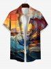 Plus Size Vacation Style Sea Waves Sunset Printed Buttons Pocket Shirt and Dress for Couples -  
