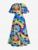 Spiral Watercolor Tie Dye Cat Paw Print Split A Line Dress and Buttons Pocket Shirt Plus Size Hawaii Beach Outfit for Couples -  