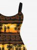 Vintage Coconut Tree Flower Striped Dusk Print Backless A Line Tank Dress and Buttons Pocket Shirt Plus Size Hawaii Beach Outfit for Couples -  