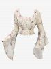 Gothic Flare Sleeves Ink Painting Floral Leaf Printed Ruched Distressed Hook and Eye Cropped Blouse -  