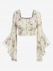 Gothic Flare Sleeves Ink Painting Floral Leaf Printed Ruched Distressed Hook and Eye Cropped Blouse -  