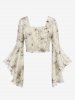 Gothic Flare Sleeves Ink Painting Floral Leaf Printed Ruched Distressed Hook and Eye Cropped Blouse -  