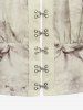 Gothic Flare Sleeves Ink Painting Floral Leaf Printed Ruched Distressed Hook and Eye Cropped Blouse -  