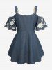 Plus Size Jacquard Embroidery Flowers Rivet Zip Up Leaf Buckle Cold Shoulder T-shirt -  