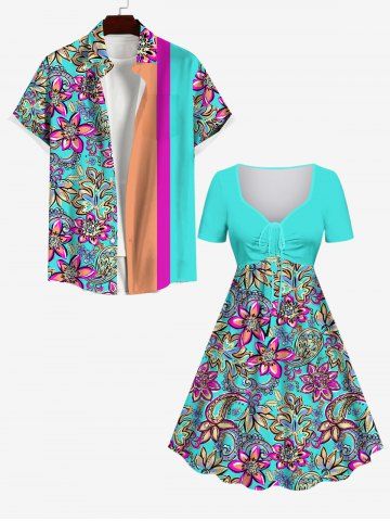 Floral Paisley Print Cinched Dress and Striped Button Pocket Shirt Plus Size Hawaii Beach Outfit for Couples - MULTI-A