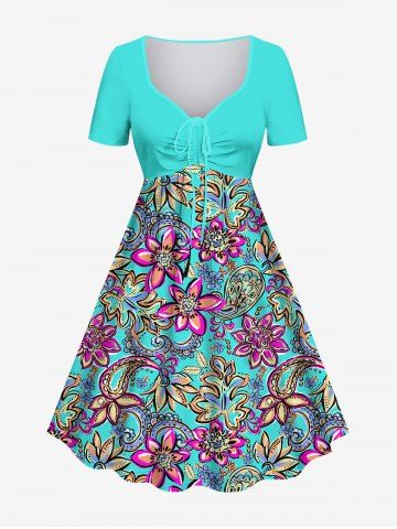 Hawaii Plus Size Floral Paisley Print Cinched A Line Dress - MULTI-A - XS