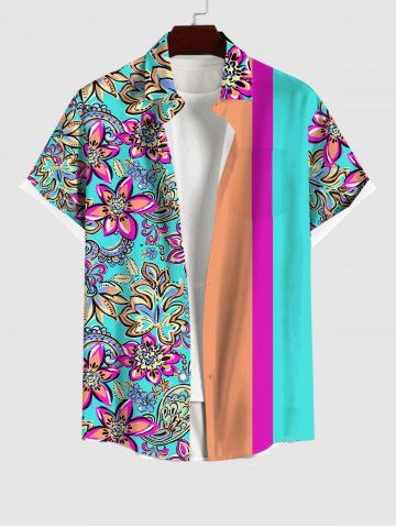 Plus Size Turn-down Collar Floral Striped Print Button Pocket Shirt For Men
