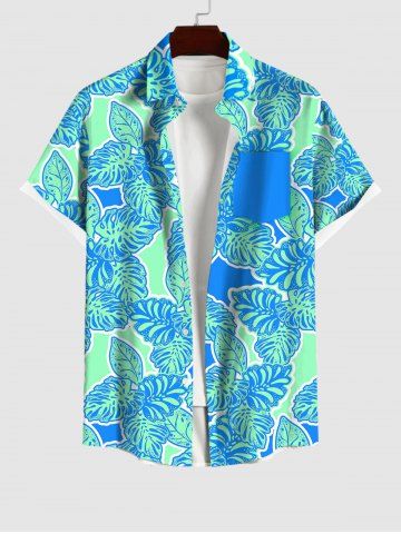 Hawaii Plus Size Turn-down Collar Coconut Tree Leaf Print Button Pocket Shirt For Men - LIGHT GREEN - S