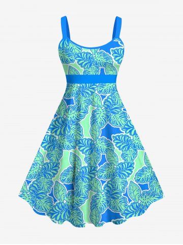 Hawaii Plus Size Coconut Tree Leaf Print Backless A Line Tank Dress - LIGHT GREEN - 1X