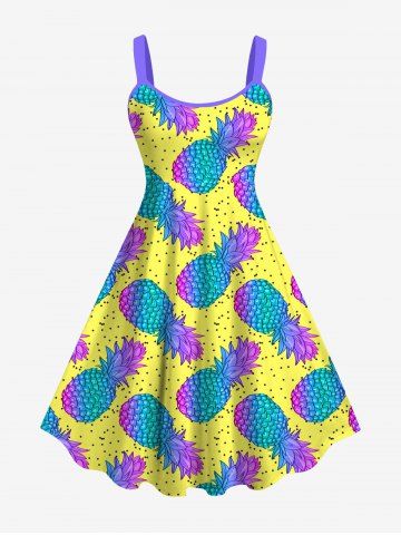 Hawaii Plus Size Pineapple Pin Dot Print Backless A Line Tank Dress - YELLOW - 2X