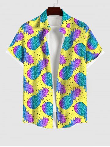 Plus Size Turn-down Collar Pineapple Pin Dot Print Button Pocket Shirt For Men - YELLOW - S