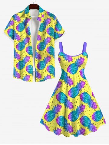 Pineapple Pin Dot Print Backless Dress and Button Pocket Shirt Plus Size Matching Hawaii Beach Outfit - YELLOW