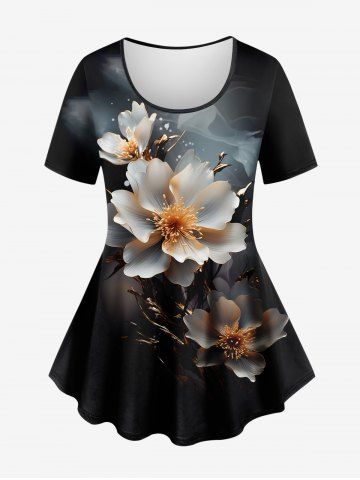 T-shirt 3D Fleur Imprimée de Grande Taille - BLACK - 1X