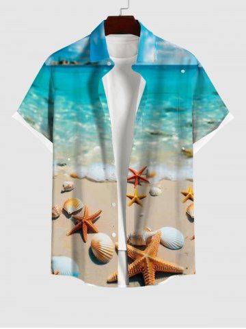Plus Size Turn-down Collar Sea Beach Shell Print Button Pocket Shirt For Men